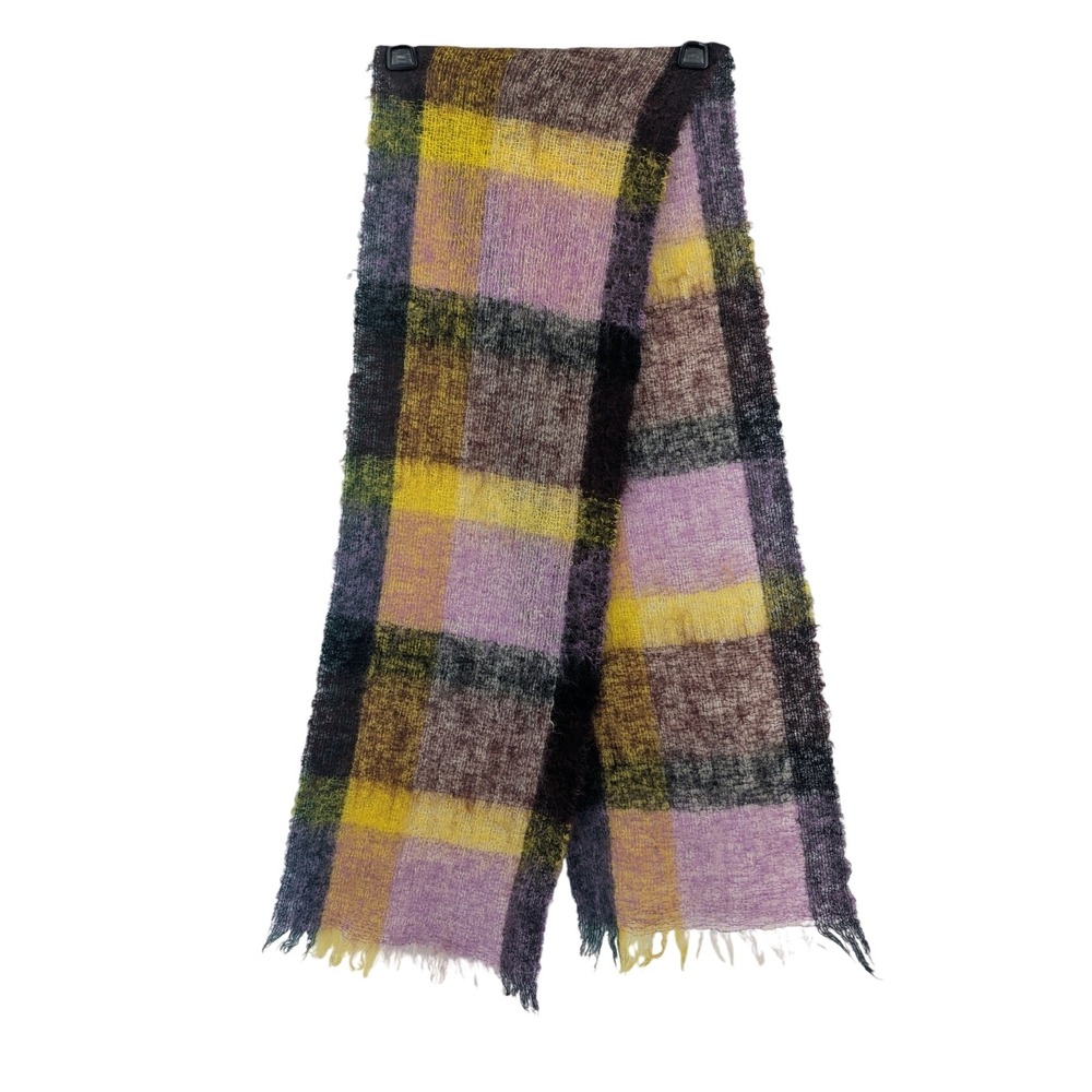 Vintage Scarf Multi Plaid Wool Nylon Fuzzy Indie Grunge Fringe 70s Made in Italy